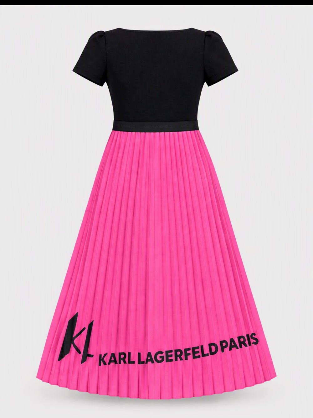 Karl Lagerfeld Black & Hot Pink Pleated Logo Midi Dress